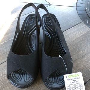 NWT Black Crocs Slingback Wedge Sandals